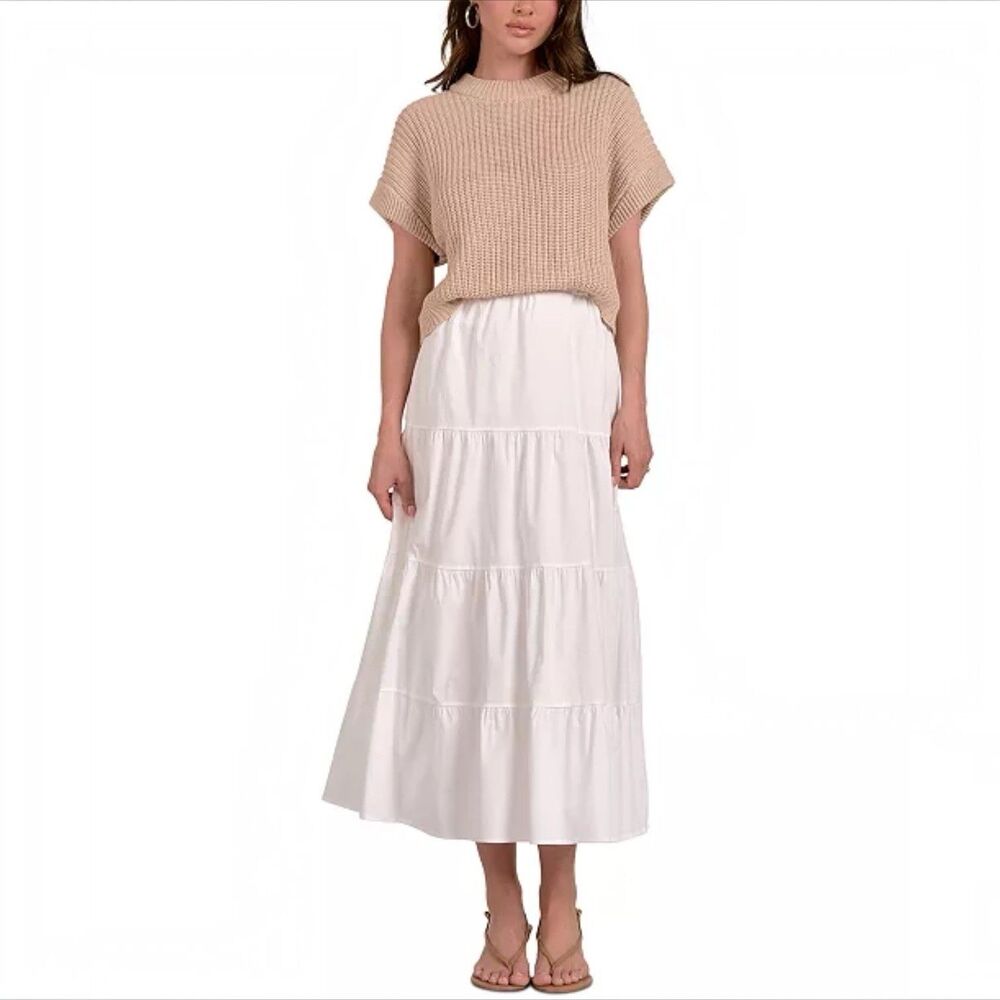 Elan Opal Sweater Dress S Beige White Tiered Midi Mixed Media Fisherman Knit